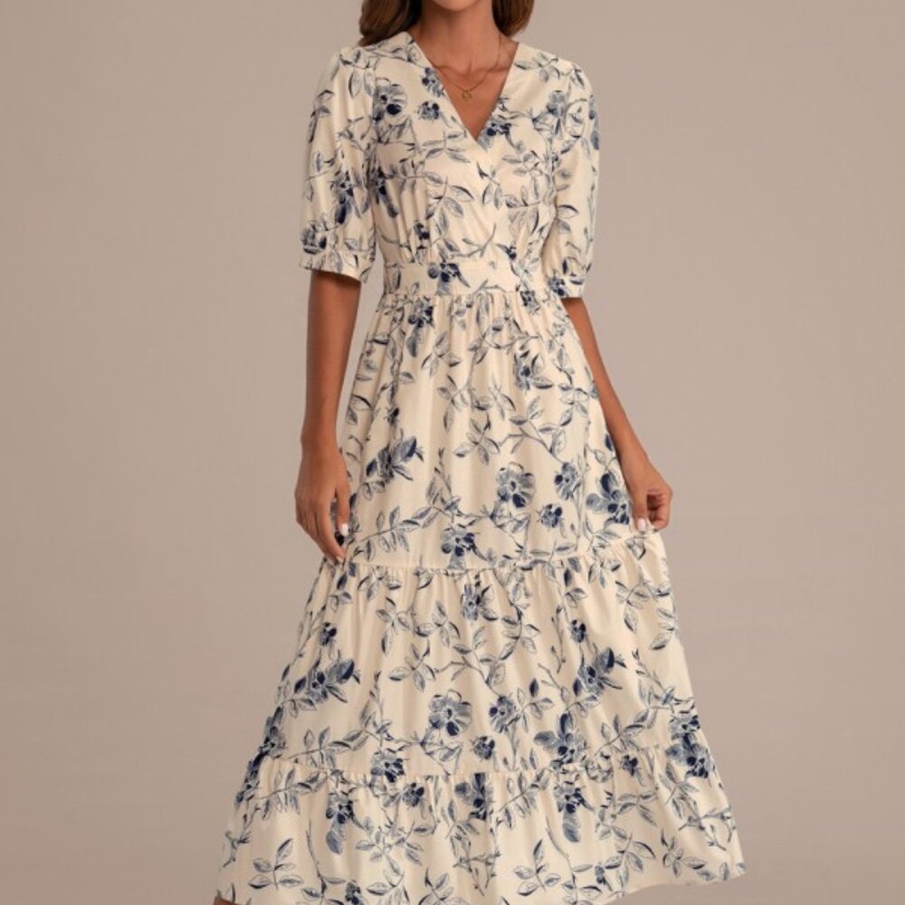 Blue and White Faux Wrap Floral Midi Dress